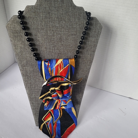 LA Upcycle Vibrant Multicolor Tie with Black Bead Necklace - Picture 1 of 4